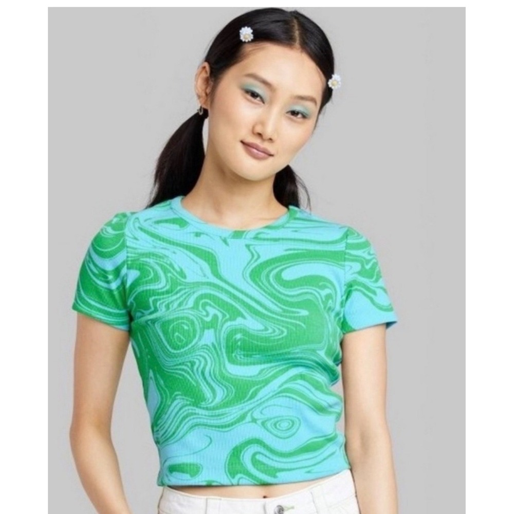Wild Fable Blue Green Swirl Ribbed Crop Top Y2K‎ Festival Tee XXL